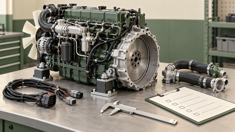 Conceptual engine mounting, flywheel housing, harness and cooling interface review