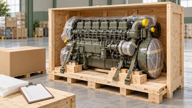 Conceptual diesel engine secured in a protective export crate