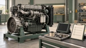Conceptual engine service stand, diagnostic screen and purchasing checklist