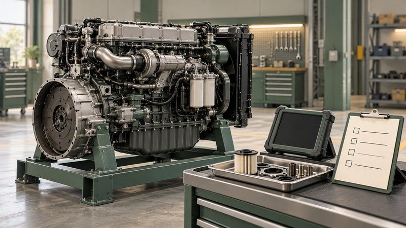 Conceptual engine service stand, diagnostic screen and purchasing checklist