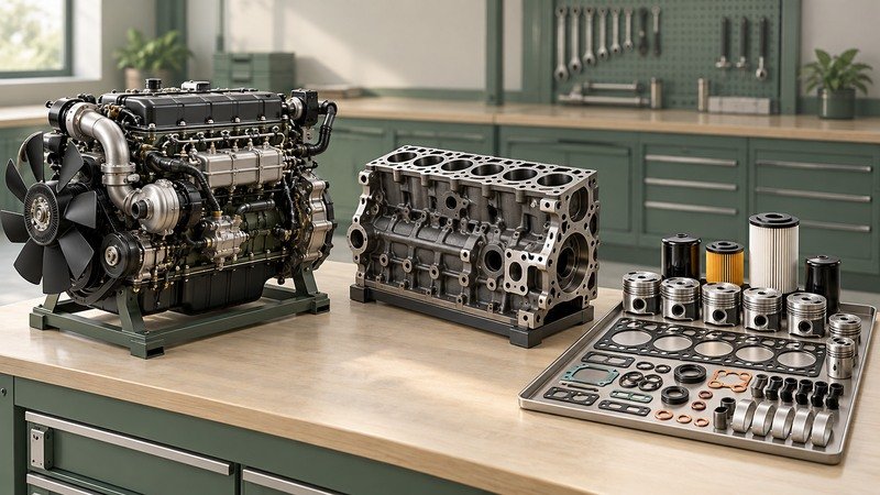 Conceptual complete engine, bare block and organized service components