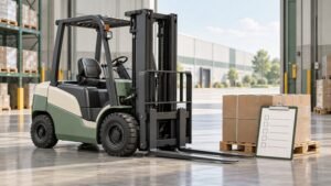 Conceptual stationary generic forklift beside a pallet and buyer checklist