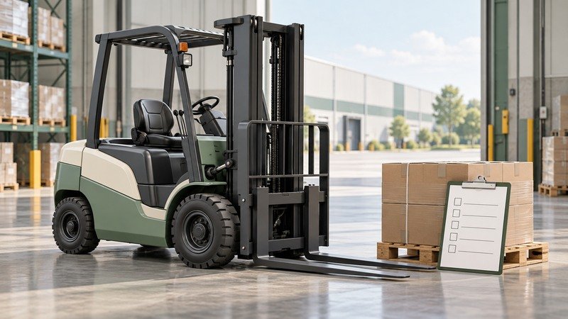 Conceptual stationary generic forklift beside a pallet and buyer checklist