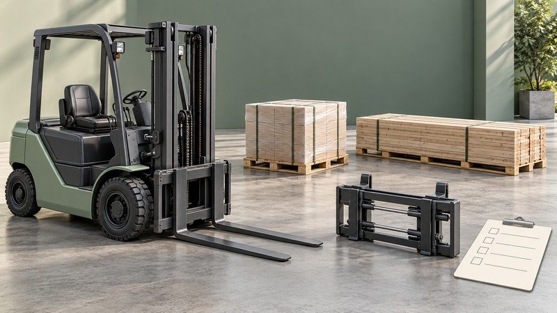 Conceptual forklift with different pallet loads and a separate attachment