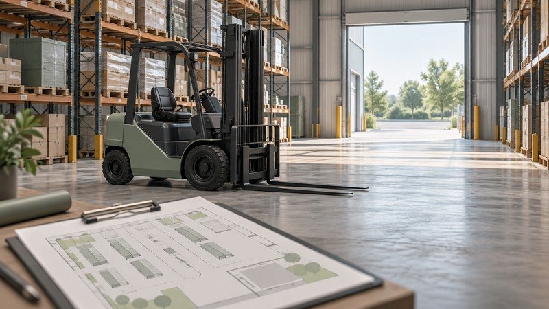 Conceptual stationary forklift in a warehouse aisle with a site-plan checklist