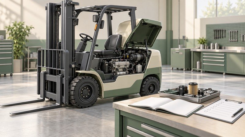 Conceptual forklift engine service compartment, parts tray and inspection checklist