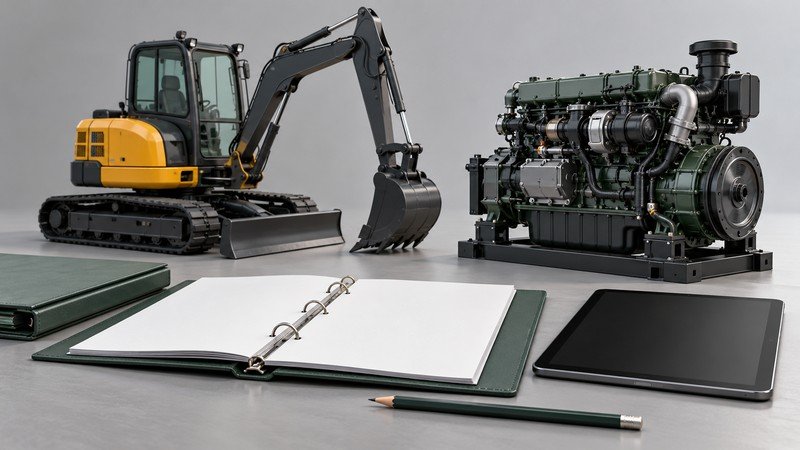 Conceptual equipment purchase review with generic excavator, engine and blank approval folder