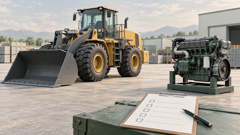 Conceptual generic wheel loader, separate diesel engine and buyer checklist