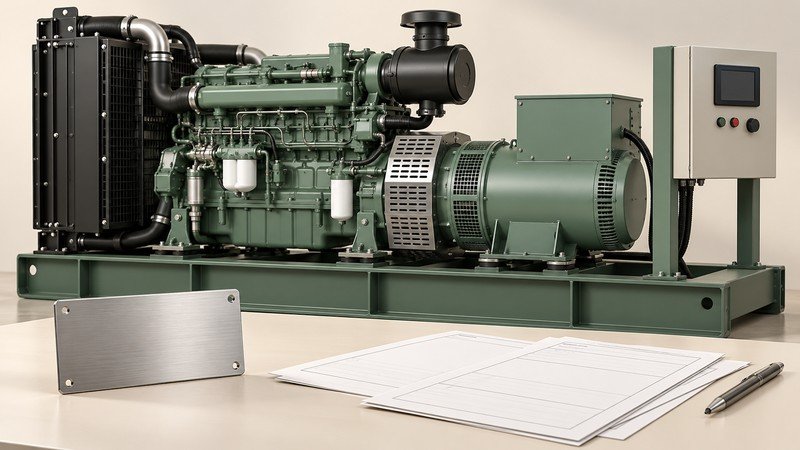 Conceptual open diesel genset, blank nameplate and configuration sheets