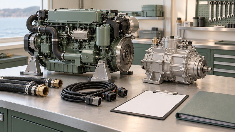 Conceptual diesel engine, separate gearbox, cooling fittings and control harness