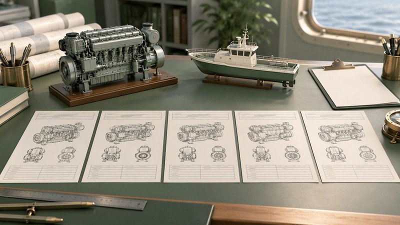 Conceptual five marine engine specification sheets with engine and vessel models