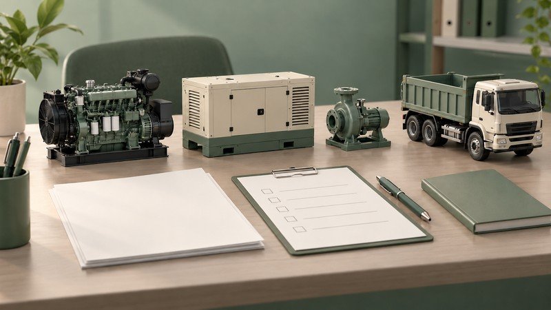 Conceptual engine, generator, pump and truck models beside operating requirement sheets
