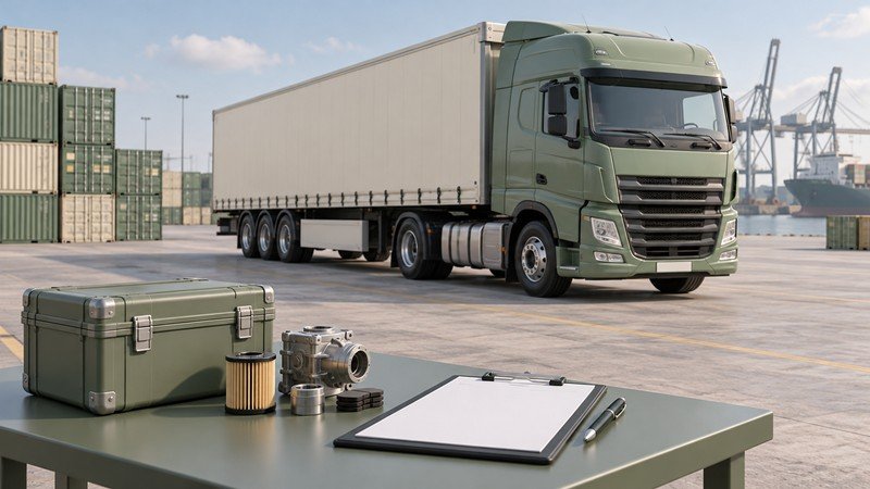 Conceptual stationary truck and maintenance parts in an export yard
