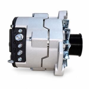 Weichai engine alternator side reference showing the housing, ribbed pulley, mounting lugs and rear terminals