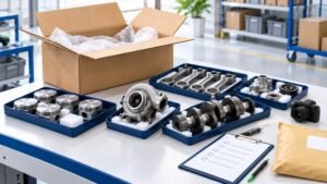 Conceptual illustration of engine parts, an open parcel and a receiving inspection checklist