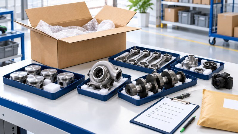 Conceptual illustration of engine parts, an open parcel and a receiving inspection checklist