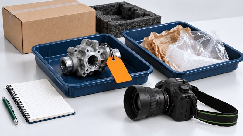 Conceptual illustration of an engine part held for clarification with retained packaging and a camera