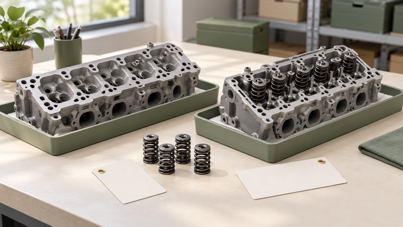 Conceptual comparison of cylinder head package contents on separate trays