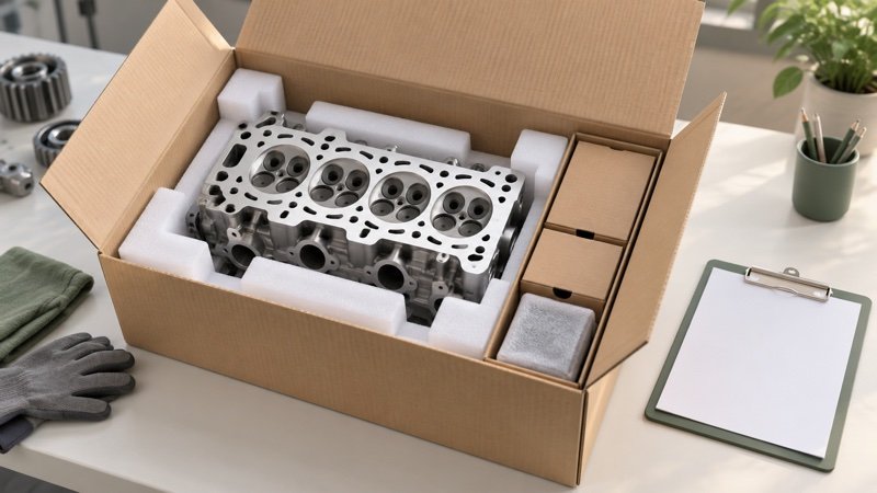 Conceptual cylinder head supported and protected in an export carton
