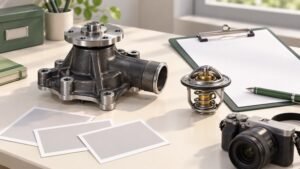 Conceptual water pump and thermostat on a procurement desk