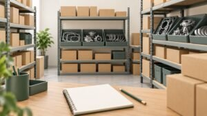 Conceptual distributor storeroom and engine-parts stock planning desk