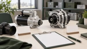 Conceptual starter motor and charging alternator on a procurement desk
