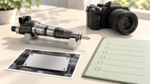Conceptual injector purchasing desk with camera, blank nameplate card and checklist