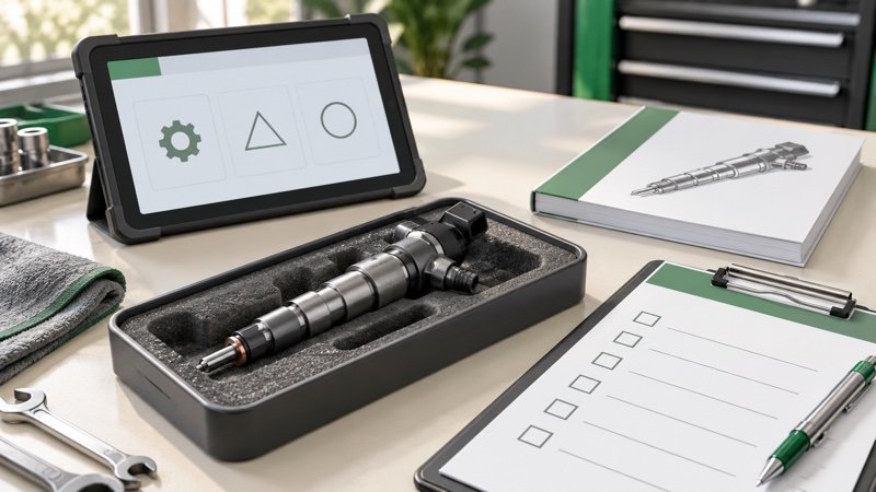 Conceptual injector with diagnostic tablet and workshop documentation