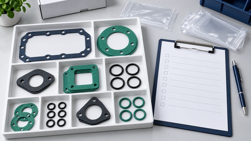 Conceptual illustration of generic gaskets and O-rings organized against a kit contents checklist