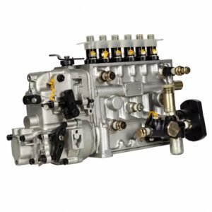 Inline fuel injection pump reference showing six capped delivery outlets, governor levers and manual primer