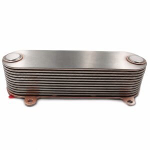 Weichai oil cooler core 612630010050 side view showing stacked cooling plates and mounting tabs