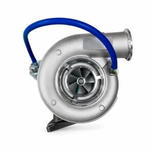 612601110954 turbocharger reference showing compressor inlet, impeller and blue actuator hose